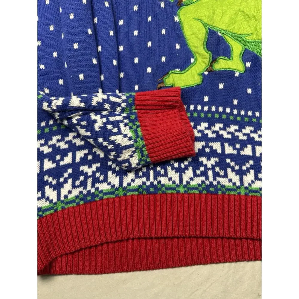 33 Degrees Santa Riding T-Rex Ugly Christmas Sweater Mens XL Blue Holiday